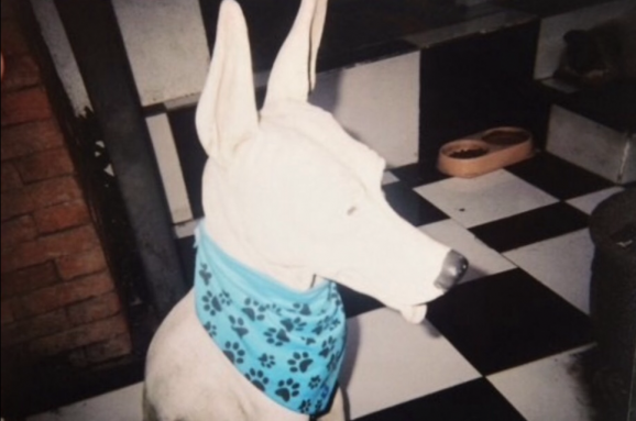 A grainy film photograph of a white plastic doberman with a black and white chequered floor